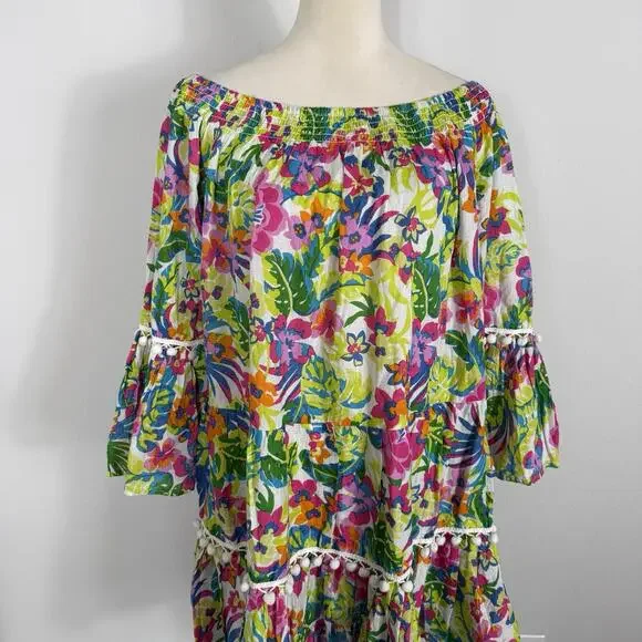 NEW True Destinations Colorful Floral Printed Off Shoulder Cotton Dress Beach XL - Picture 2 of 7